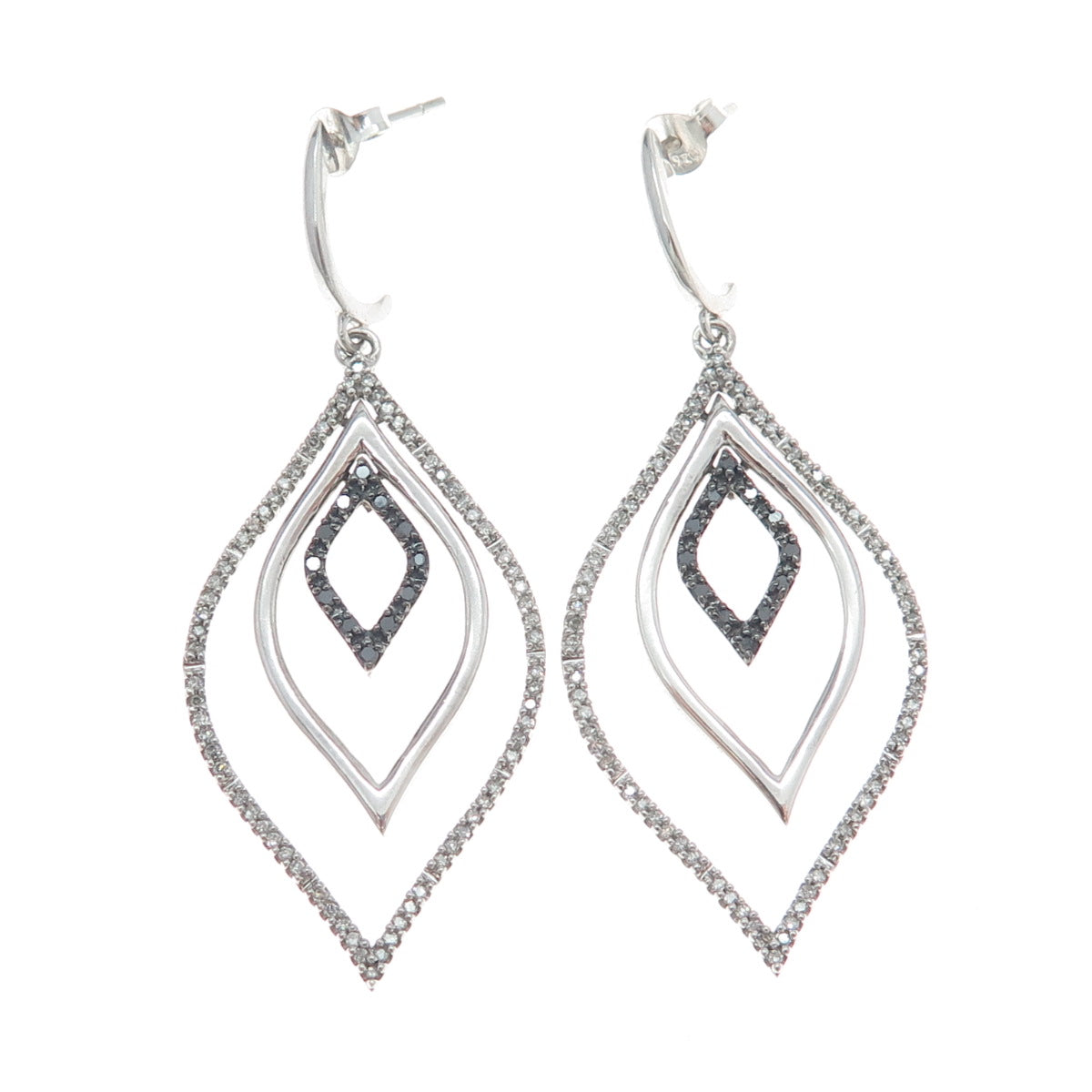 925 Sterling Silver Real Round-Cut Black & White Diamond Dangle Earrings