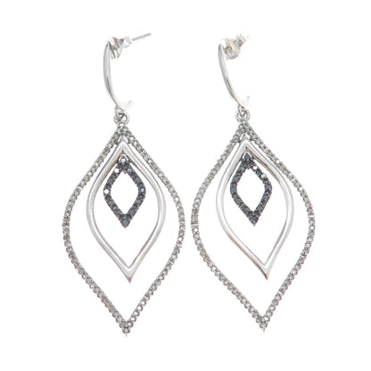 925 Sterling Silver Real Round-Cut Black & White Diamond Dangle Earrings