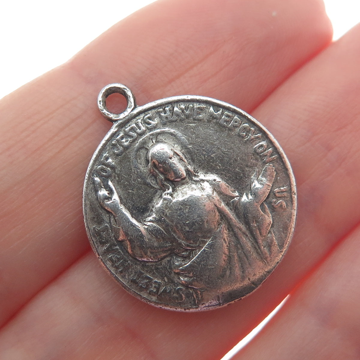 Sterling Silver Antique Jesus & St. Mary Religious Reversible Oxidized Pendant