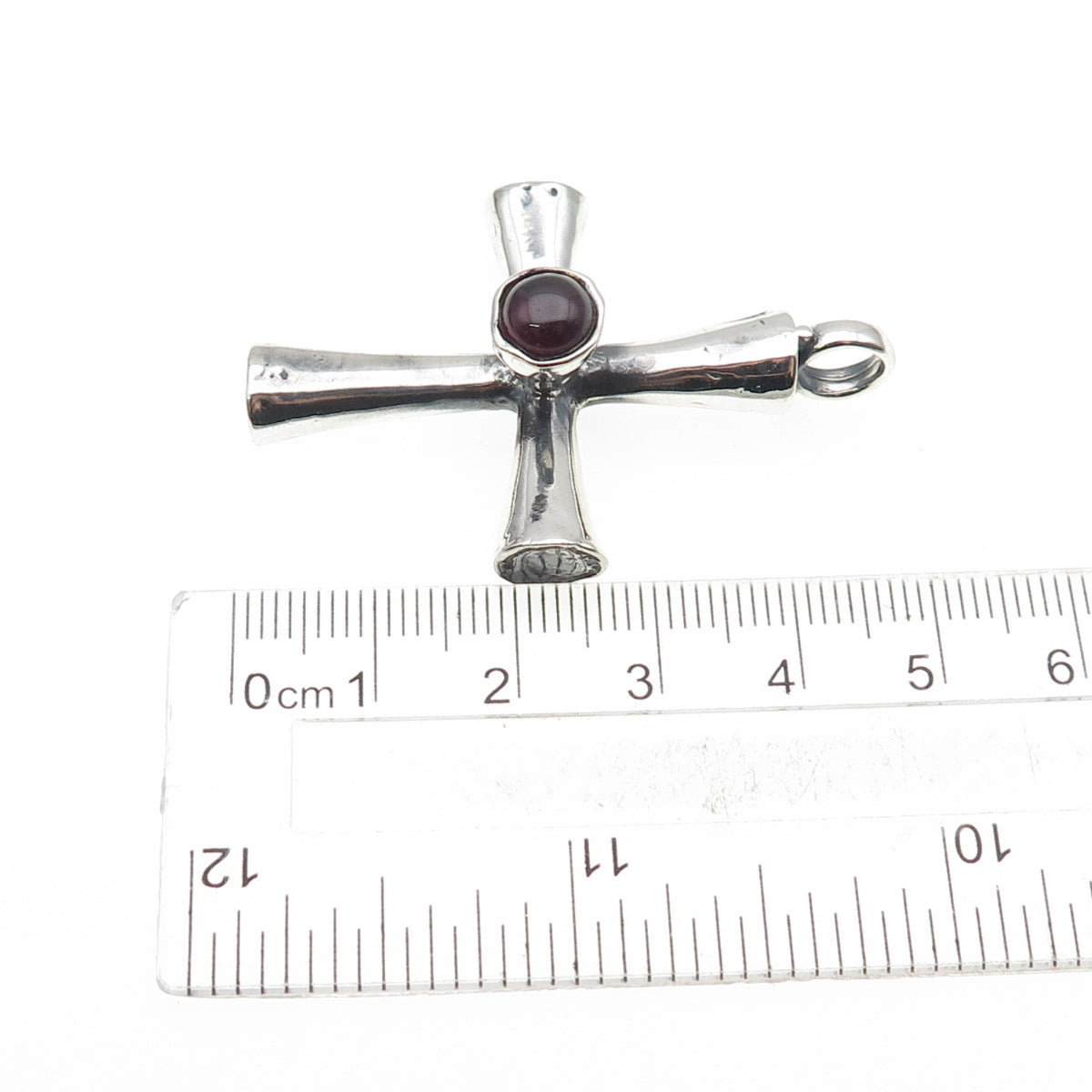 925 Sterling Silver Vintage Real Rhodolite Modernist Cross Oxidized Pendant