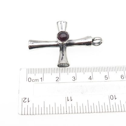 925 Sterling Silver Vintage Real Rhodolite Modernist Cross Oxidized Pendant
