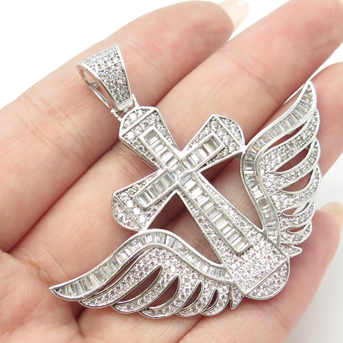 925 Sterling Silver Multi-Cut White C Z Cross & Angel Wings Pendant