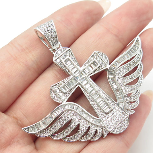 925 Sterling Silver Multi-Cut White C Z Cross & Angel Wings Pendant