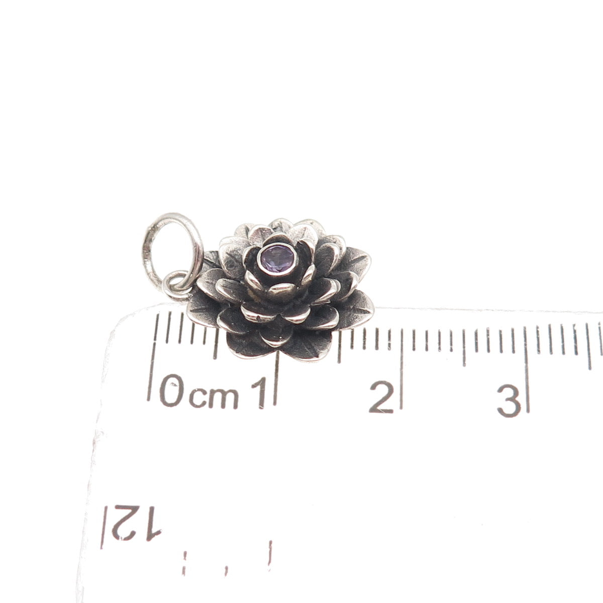 925 Sterling Silver Vintage Real Amethyst Flower Oxidized Mini Charm Pendant