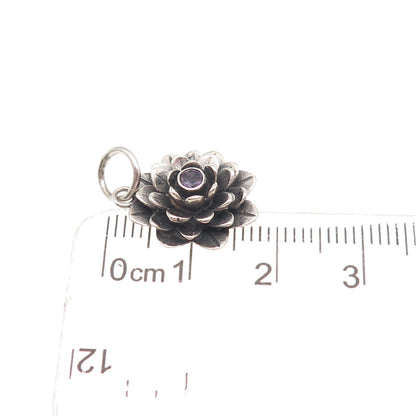 925 Sterling Silver Vintage Real Amethyst Flower Oxidized Mini Charm Pendant