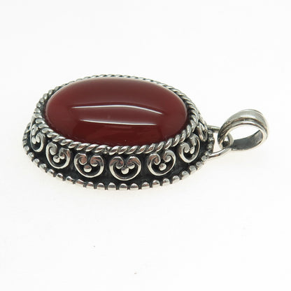 925 Sterling Silver Vintage Real Carnelian Heart Ornate Oxidized Charm Pendant