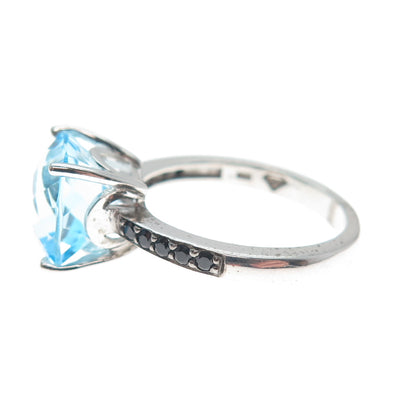 925 Sterling Silver Real Cushion-Cut Blue Topaz & Black Spinel Ring Size 7.25