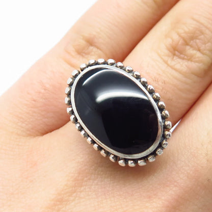 925 Sterling Silver Vintage Real Black Onyx Gemstone Beaded Ring Size 6.5