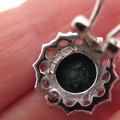 925 Sterling Silver Vintage Real Emerald & White Topaz Omega Back Earrings