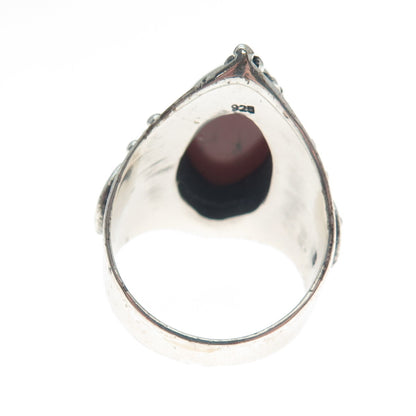 925 Sterling Silver Vintage Real Red Jasper Spiral Beaded Oxidized Ring Size 10