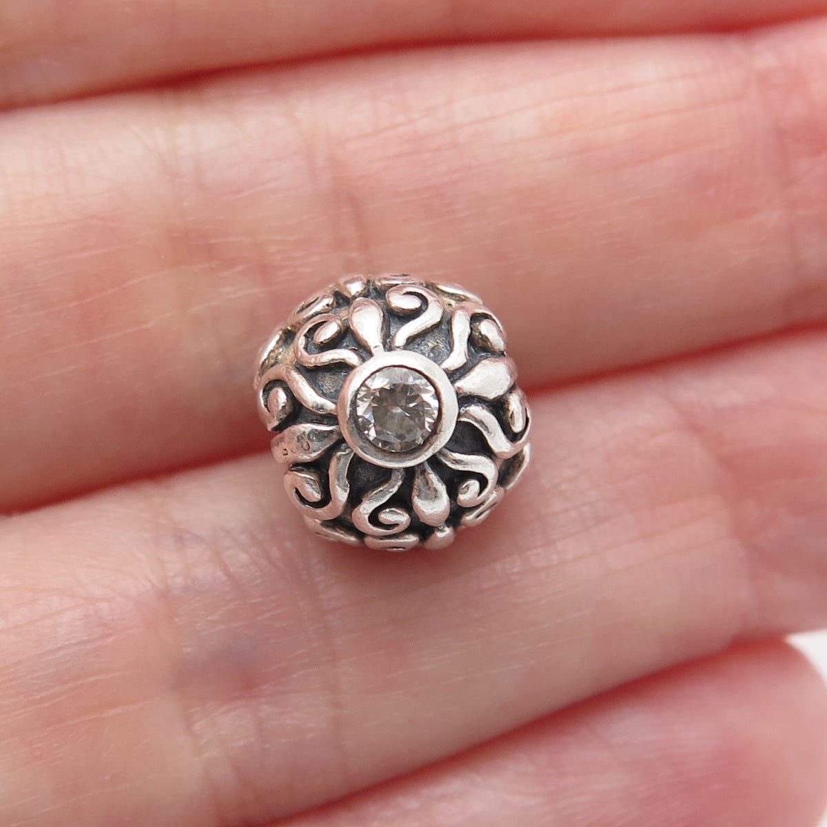CHAMILIA 925 Sterling Silver Round-Cut C Z Flower Oxidized Bead Charm