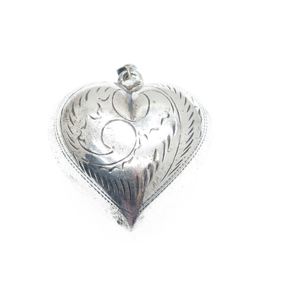 925 Sterling Silver Vintage Engraved Puffy Heart Pendant