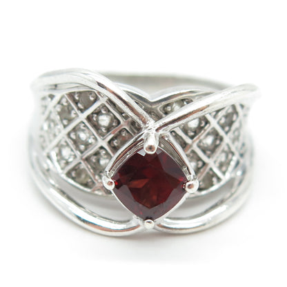 925 Sterling Silver Real White Topaz & Red Garnet Gemstone Ring Size 9.25