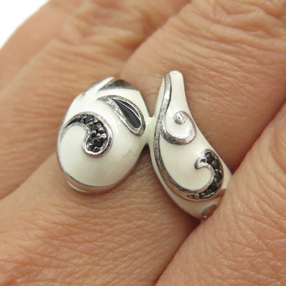 EMA 925 Sterling Silver Real Black Spinel Gemstone & White Enamel Ring Size 7.25