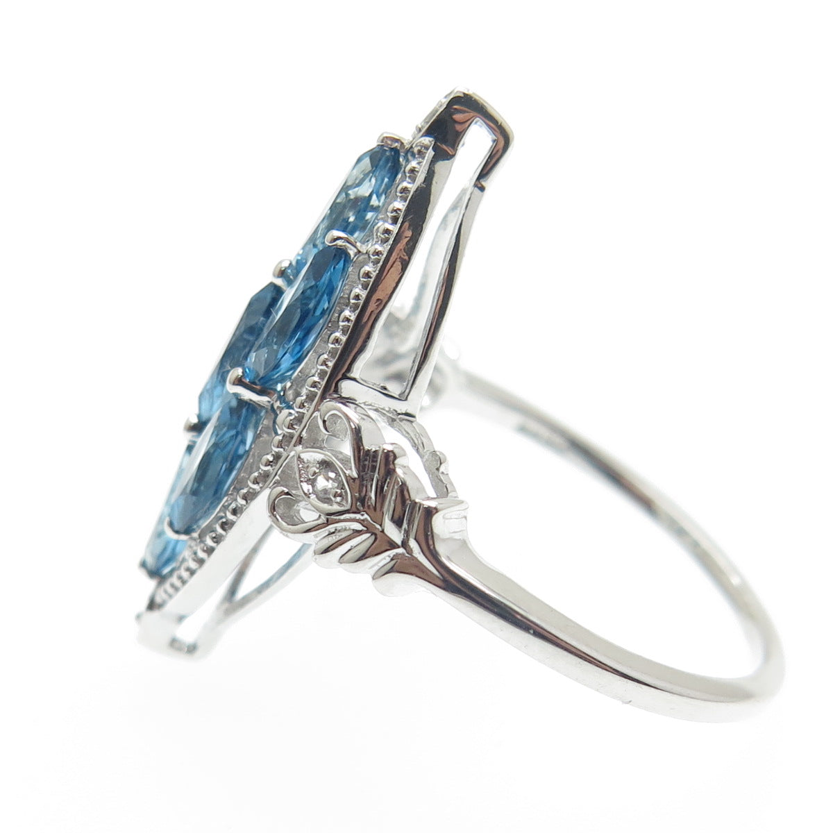 DSMK 925 Sterling Silver Real London Blue & White Topaz Cluster Ring Size 7.25