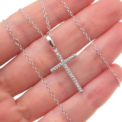 925 Sterling Silver Round-Cut C Z Cross Cable Chain Necklace 16-18"