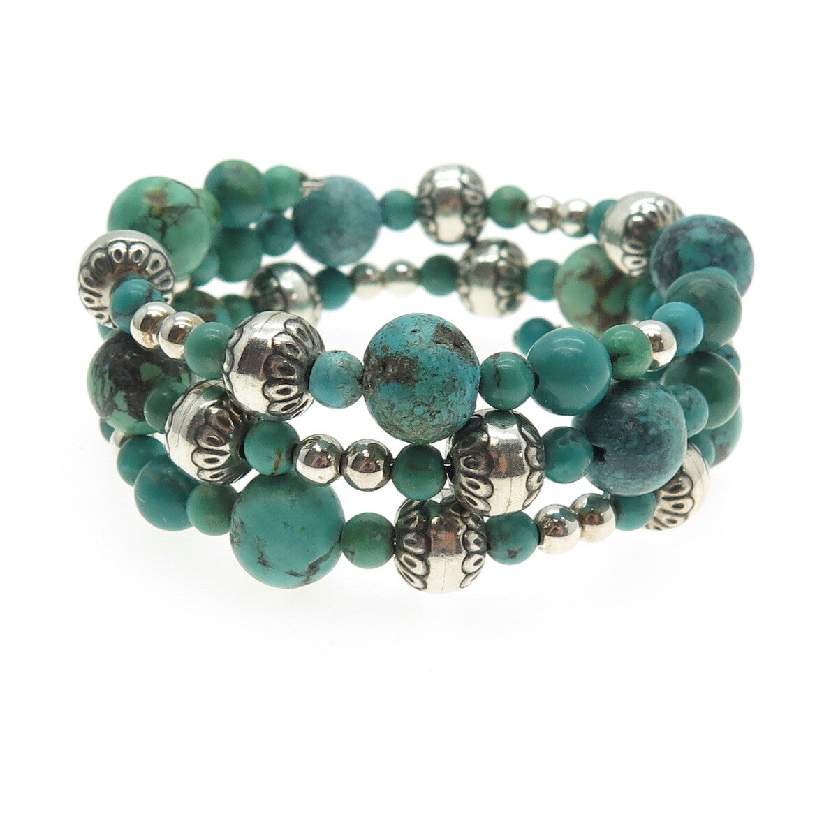 Old Pawn 925 Sterling Turquoise Navajo Pearls Beaded Adjustable Wrap Bracelet 6"