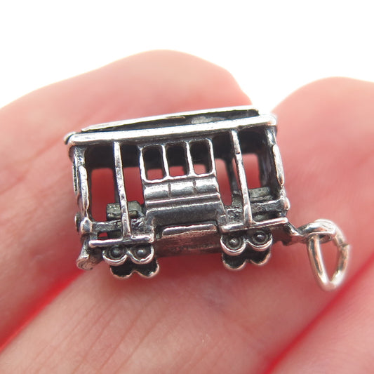 925 Sterling Silver Antique Art Deco City Tram Minimalist 3D Charm Pendant