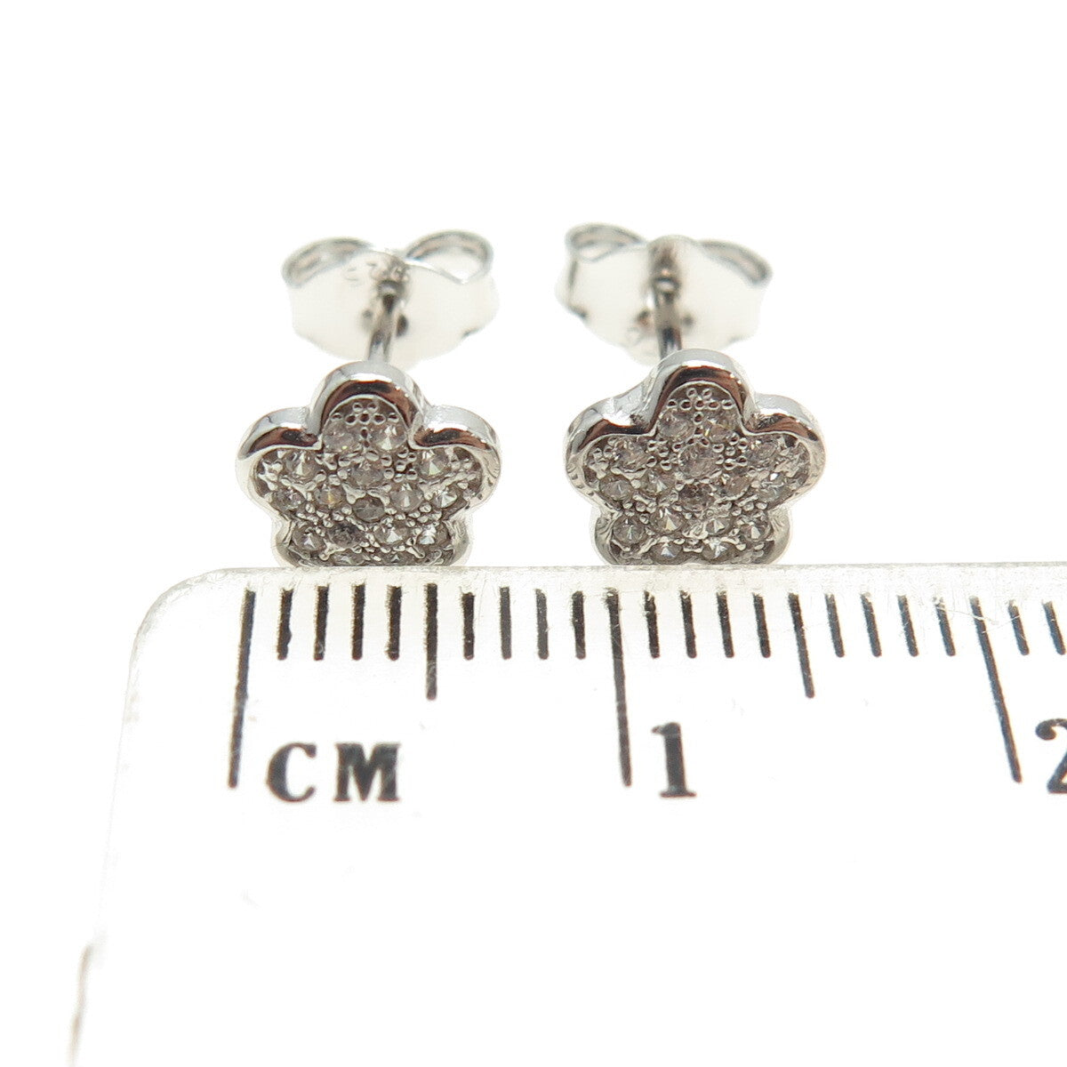 925 Sterling Silver Round-Cut C Z Flower Stud Earrings
