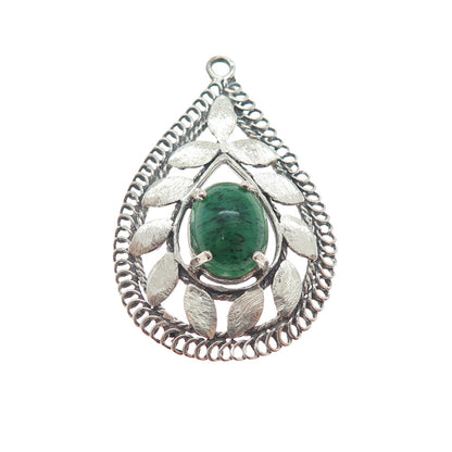 925 Sterling Silver Vintage Green Art Glass Floral Teardrop Charm Pendant