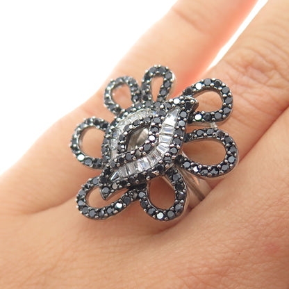 925 Sterling Silver Real Black Spinel & C Z Modernist Flower Ring Size 6.25