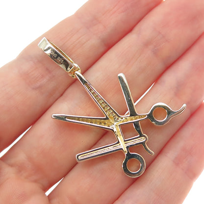 925 Sterling Silver Gold Plated Round-Cut C Z Scissors & Razor Barber Pendant