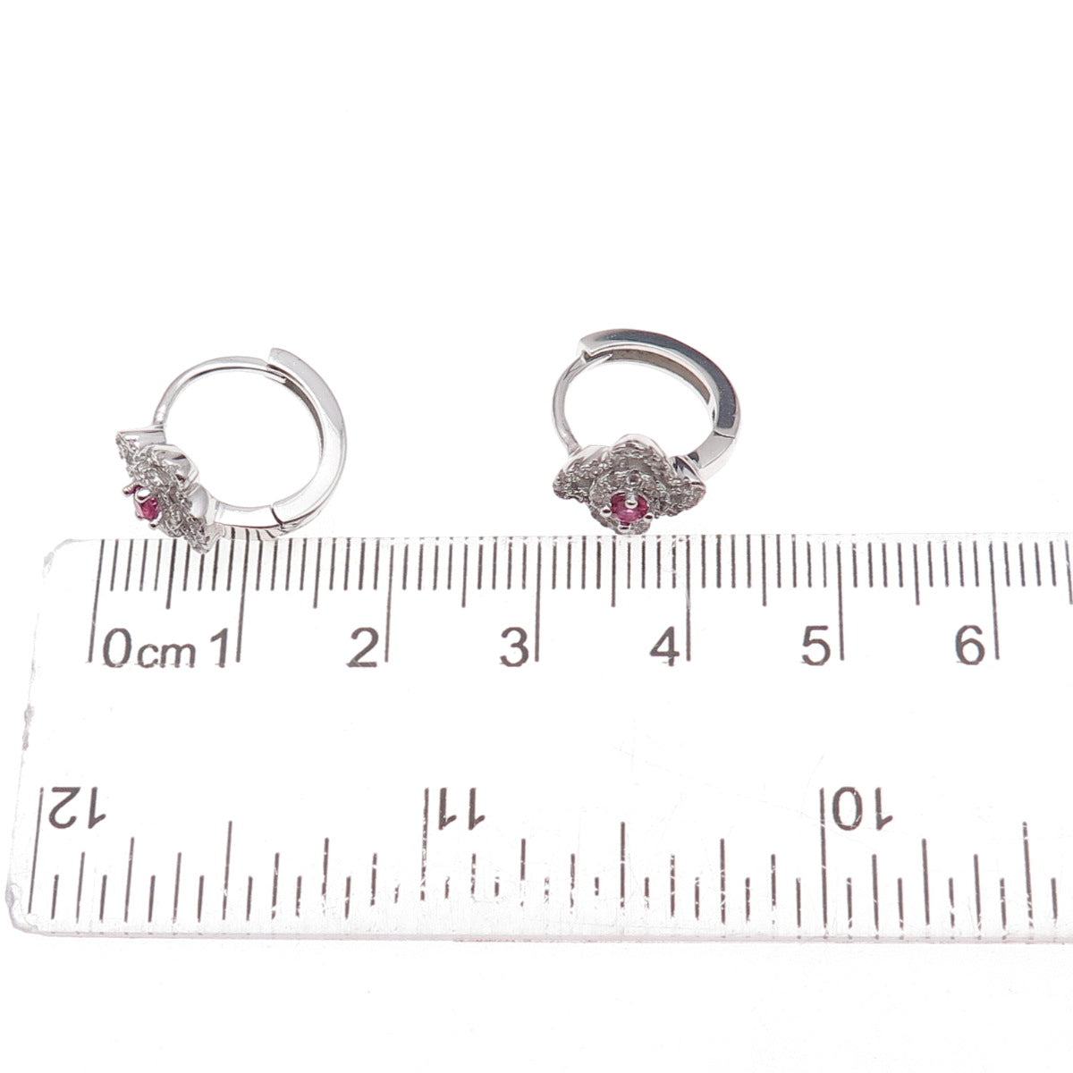 925 Sterling Silver Pink & White C Z Floral Hoop Earrings