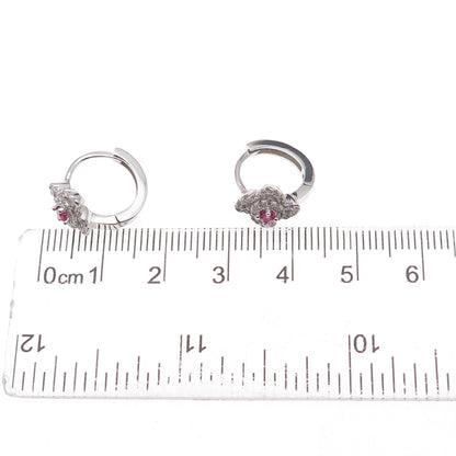 925 Sterling Silver Pink & White C Z Floral Hoop Earrings