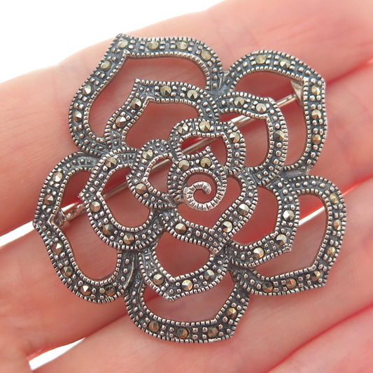 925 Sterling Silver Vintage Real Marcasite Rose Flower Pin Brooch