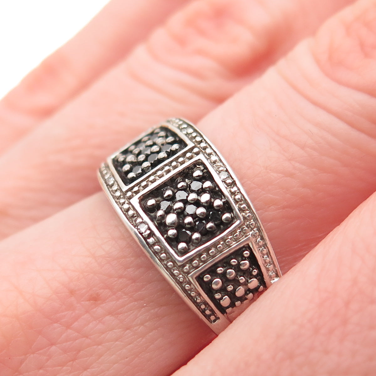925 Sterling Silver Real Round-Cut Black Diamond Ring Size 7.25