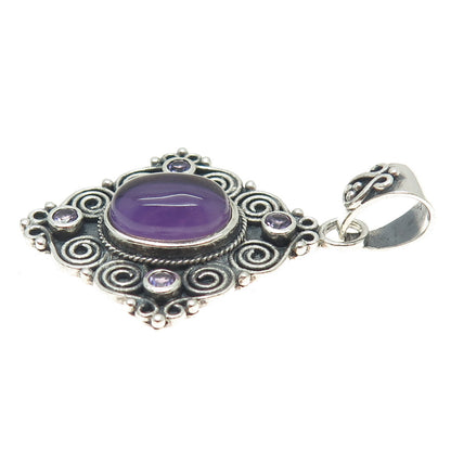 925 Sterling Silver Vintage Real Amethyst Gemstone Ethnic / Boho Pendant