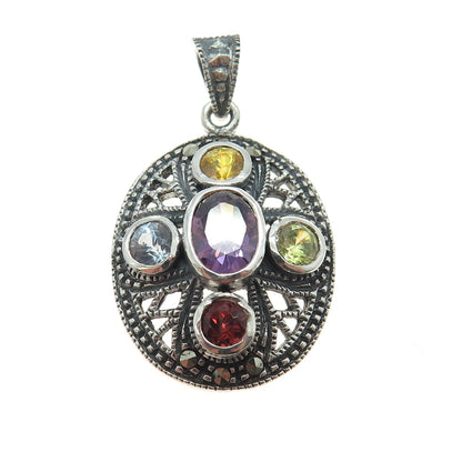 925 Sterling Silver Vintage Amethyst Citrine Peridot Garnet Topaz Gem Pendant