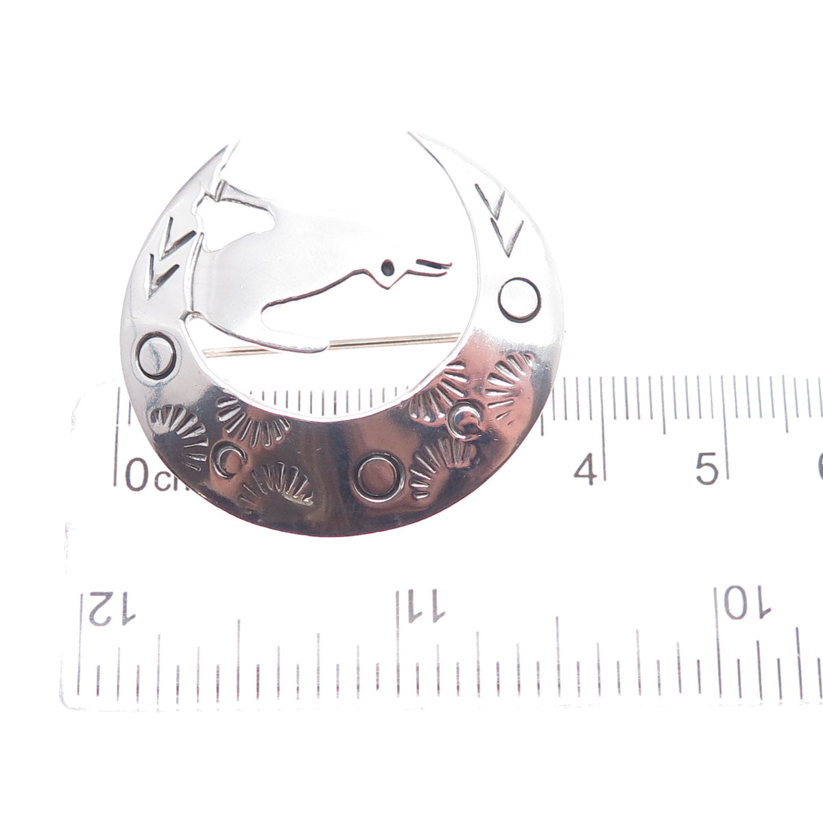 925 Sterling Silver Vintage Mexico Howling Wolf Crescent Moon Pin Brooch
