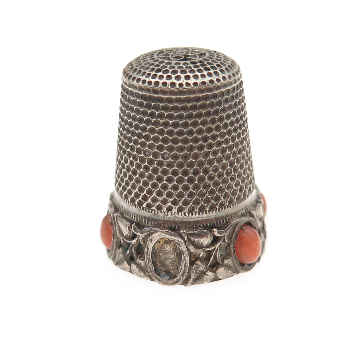 925 Sterling Silver Antique Art Deco Real Coral Sewing Thimble (missing 1 stone)