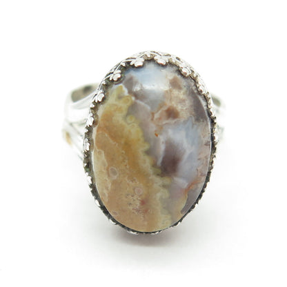 ZEUS 925 Sterling Silver Vintage Real Agate Modenrist Crown Ring Size 7.25