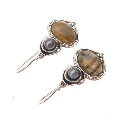 Hagit Gorali 925 Sterling Silver Vintage Israel Real Labradorite Pearl Earrings