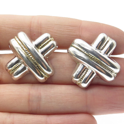 925 Sterling Silver 2-Tone Vintage "X" Modernist Earrings
