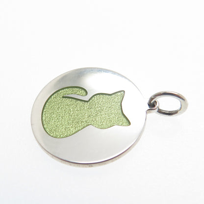 925 Sterling Silver Lime Green Enamel Cat Round Tag Minimalist Charm Pendant