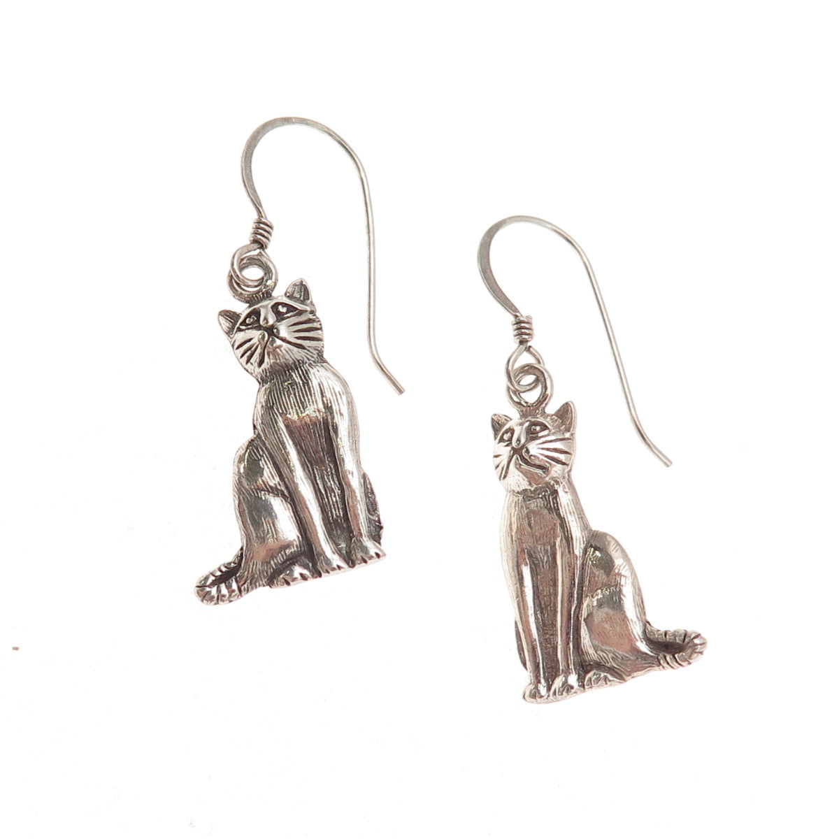 925 Sterling Silver Vintage Cat Oxidized Dangle Earrings