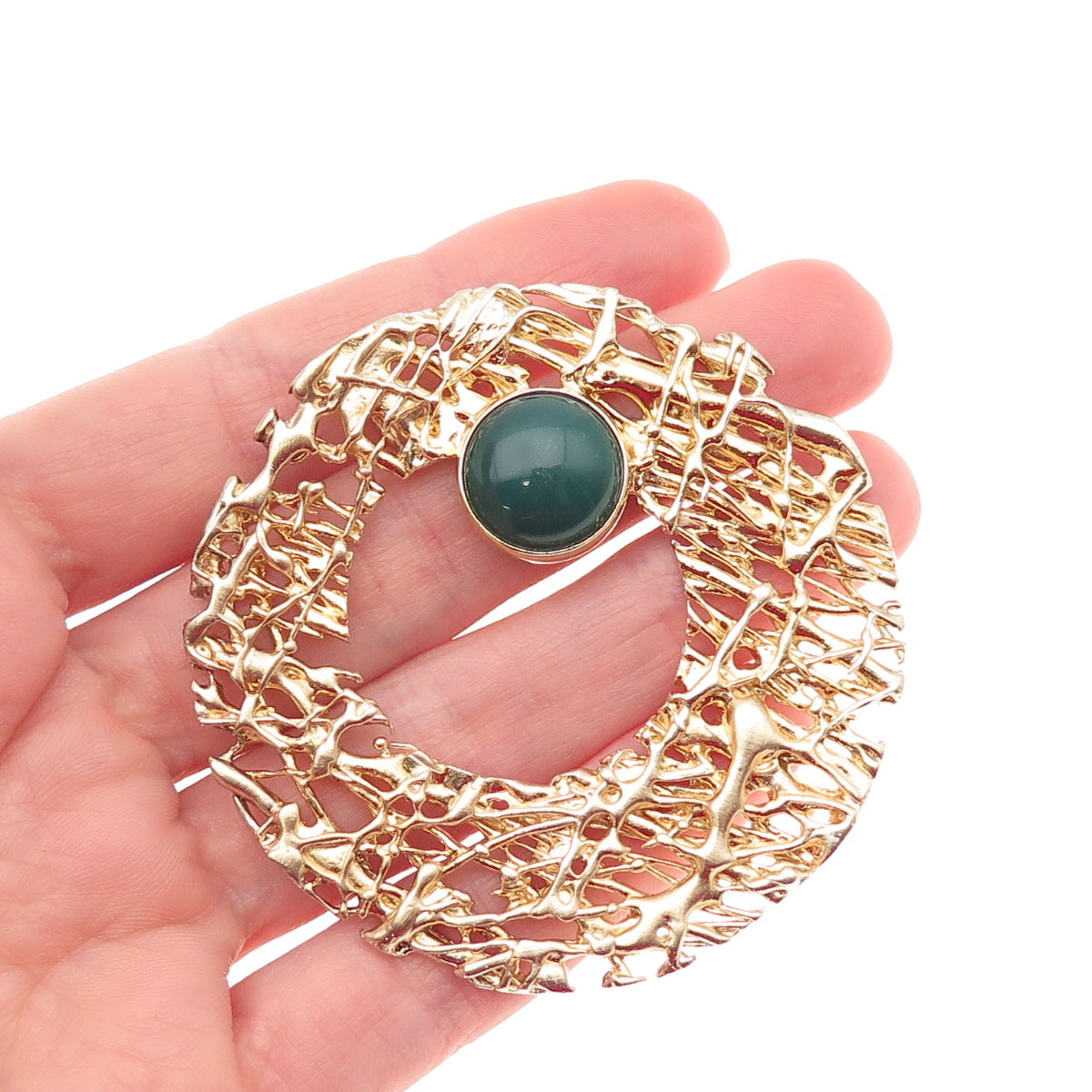 925 Sterling Gold Plated Vintage Real Green Onyx Modernist Crescent Pin Brooch