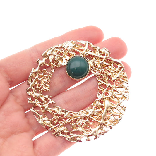 925 Sterling Gold Plated Vintage Real Green Onyx Modernist Crescent Pin Brooch