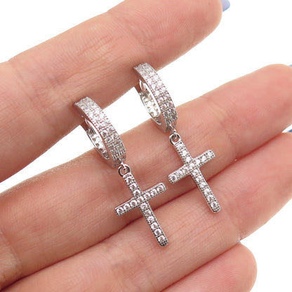 925 Sterling Silver Round-Cut C Z Dangle Cross Hoop Earrings