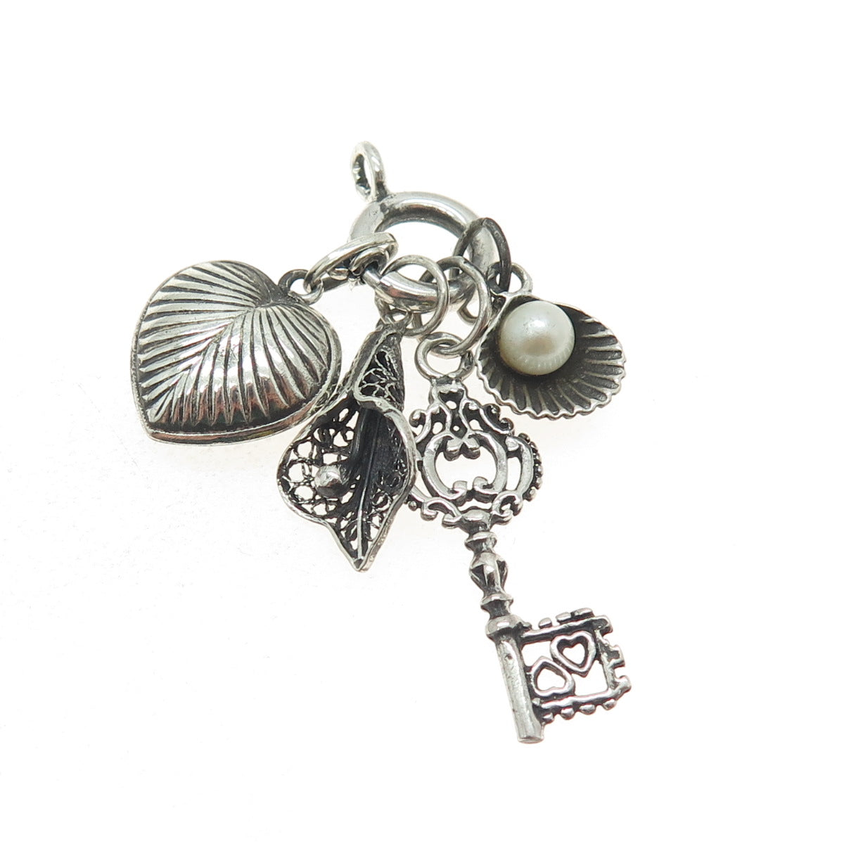 925 Sterling Silver Antique Real Pearl Heart Key Seashell & Calla Flower Pendant