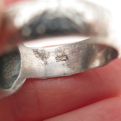 925 Sterling Silver Vintage Real Green Amethyst Modernist Oxidized Ring Size 9