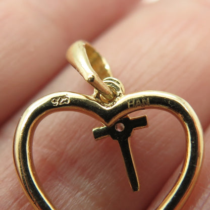 HAN 925 Sterling Silver Gold Plated Round-Cut C Z Heart Cross Minimalist Pendant