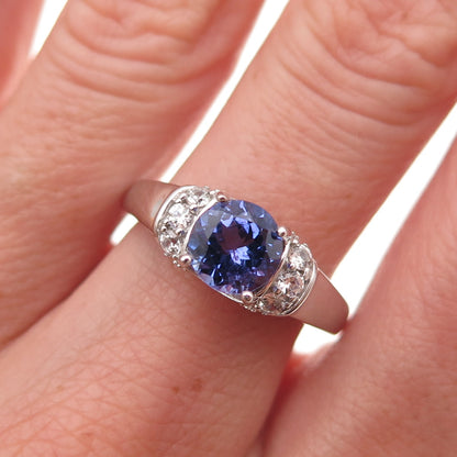 925 Sterling Silver Real Round-Cut Tanzanite & White Topaz Ring Size 8