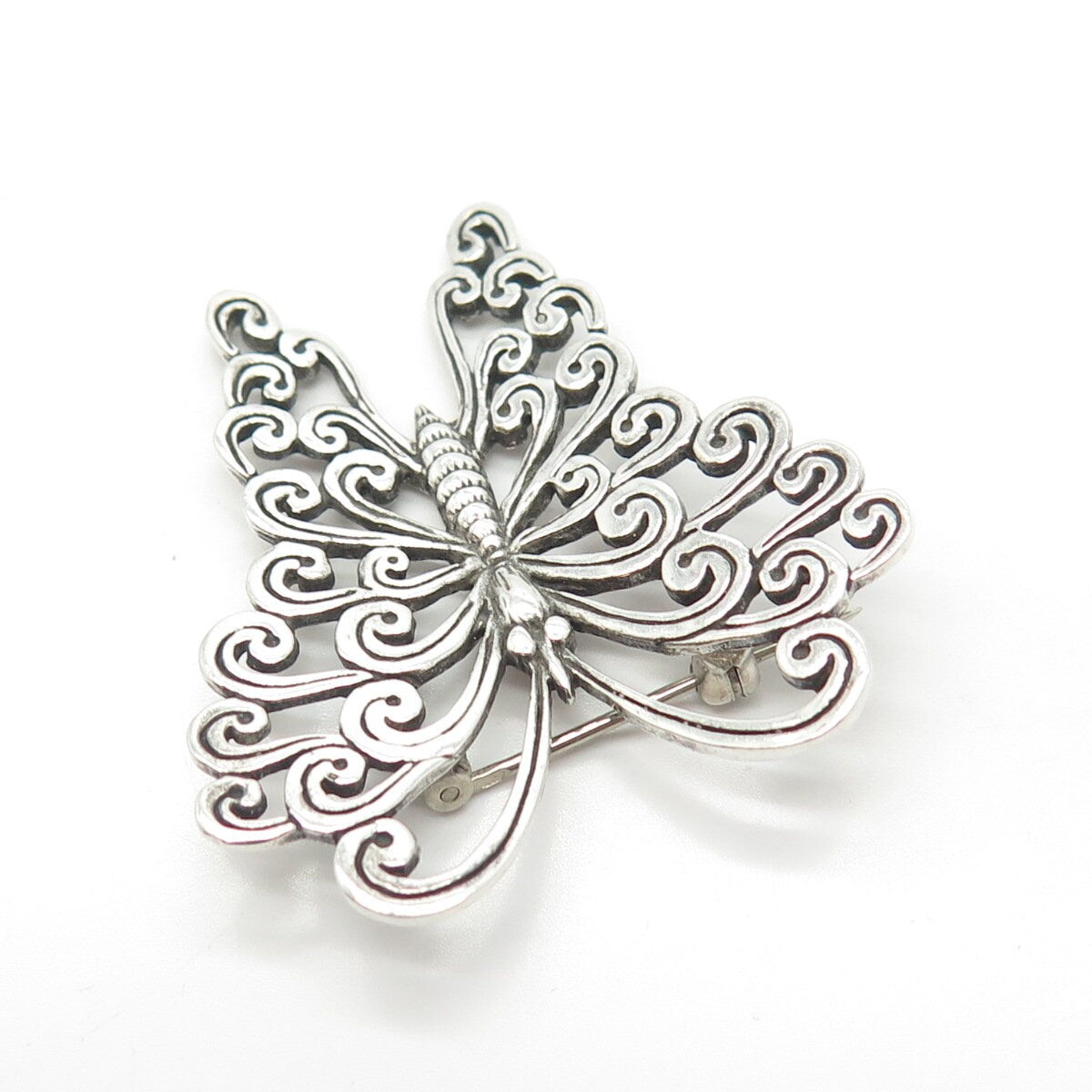 925 Sterling Silver Vintage Butterfly Ornate Pin Brooch