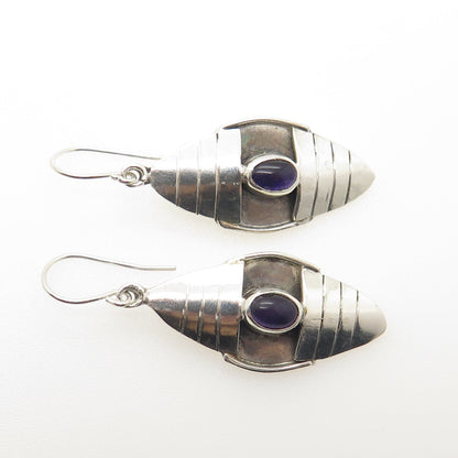 925 Sterling Silver Vintage Real Amethyst Gem Tribal Dangling Earrings