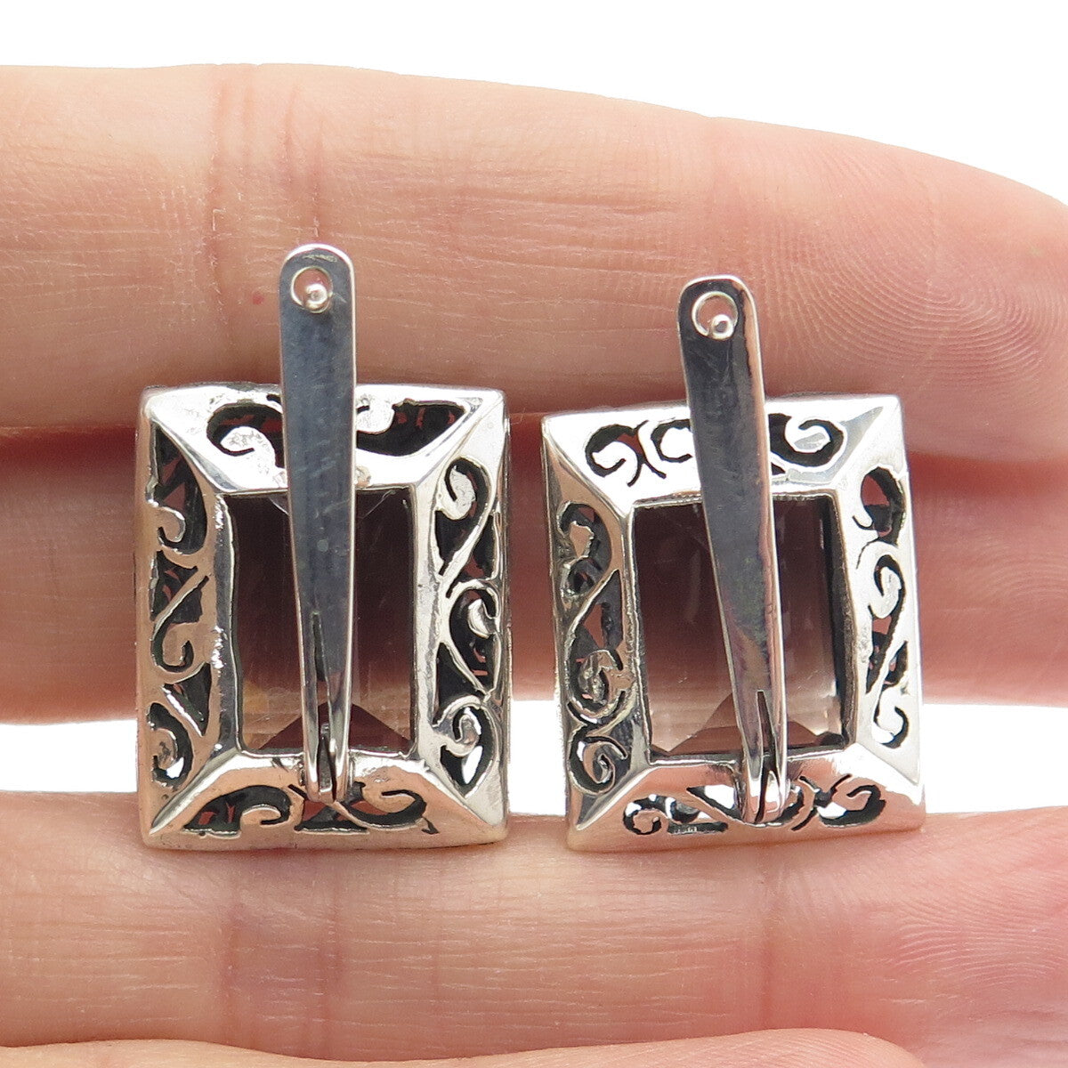 925 Sterling Silver Vintage Real Emerald-Cut Smoky Quartz Ornate Swirl Earrings