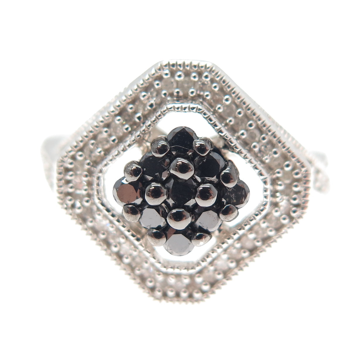 SUN 925 Sterling Silver Real Round-Cut Black & White Diamond Ring Size 6.25